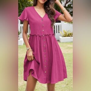Magenta Button Front Ruffle Hem Mini Dress Summer Vacation Medium